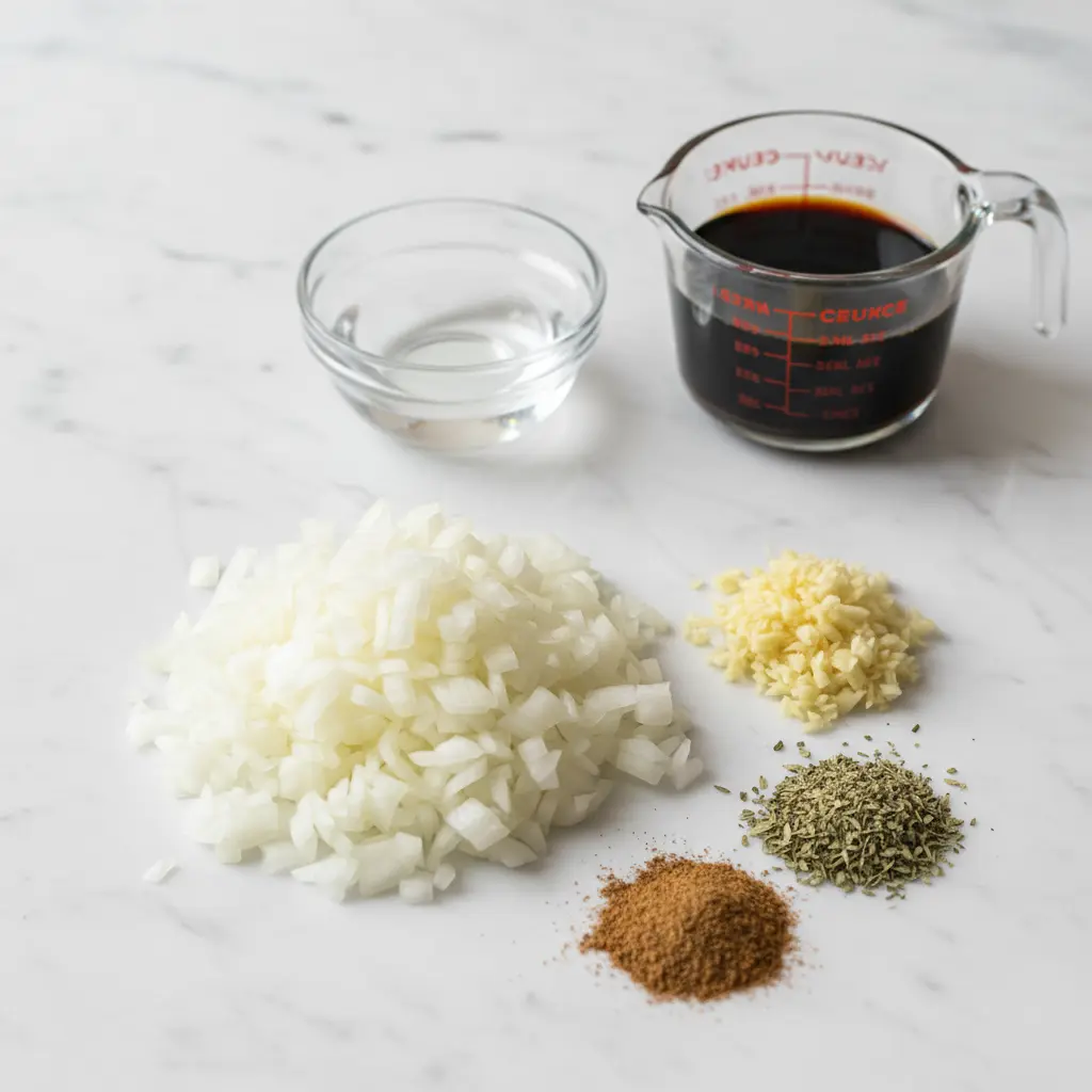 Ingredientes frescos para pollo a la naranja: cebolla, ajo, comino, orégano, vinagre y salsa de soja.