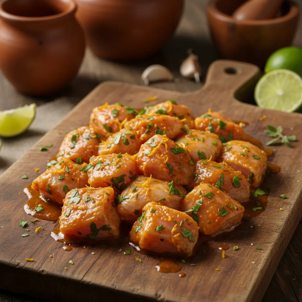 Pollo crudo marinado en salsa naranja vibrante con cítricos y hierbas en tabla de madera.