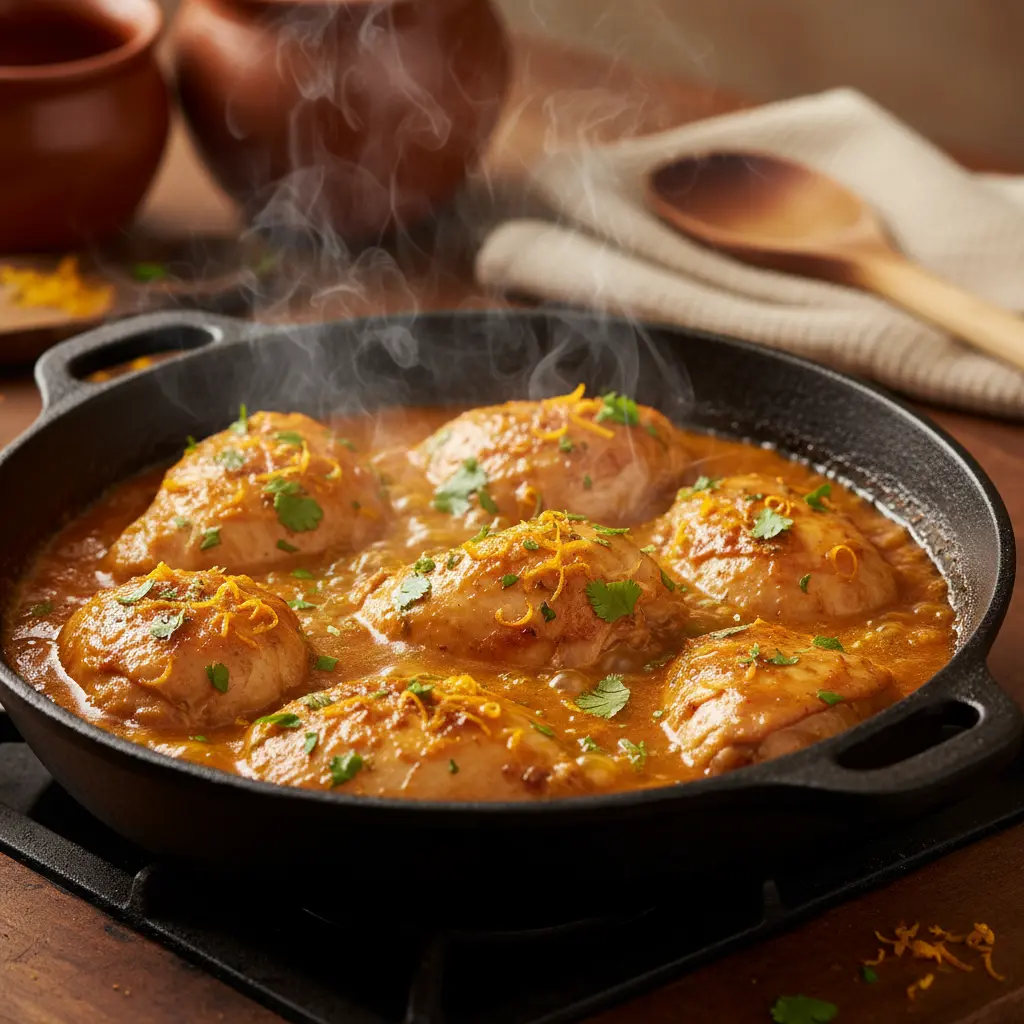 Pollo cubano en caldero con salsa naranja brillante, hierbas y cítricos.