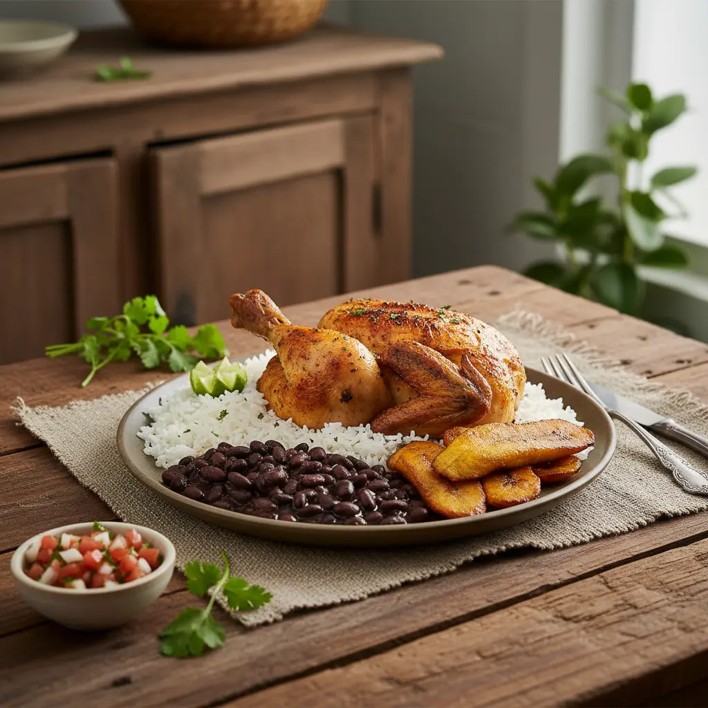 Plato cubano con pollo asado, arroz blanco, frijoles negros y plátanos fritos.