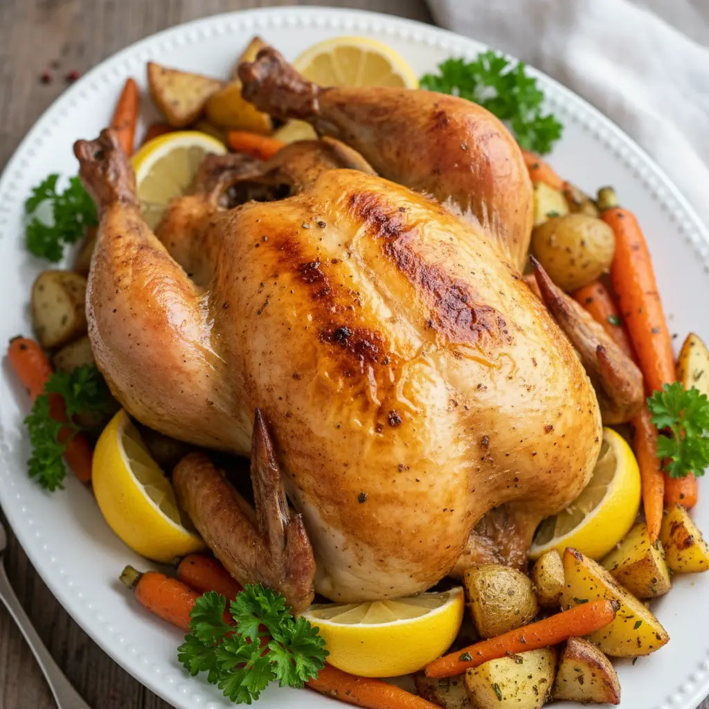 Pollo asado dorado y jugoso con perejil, limón, patatas y zanahorias.