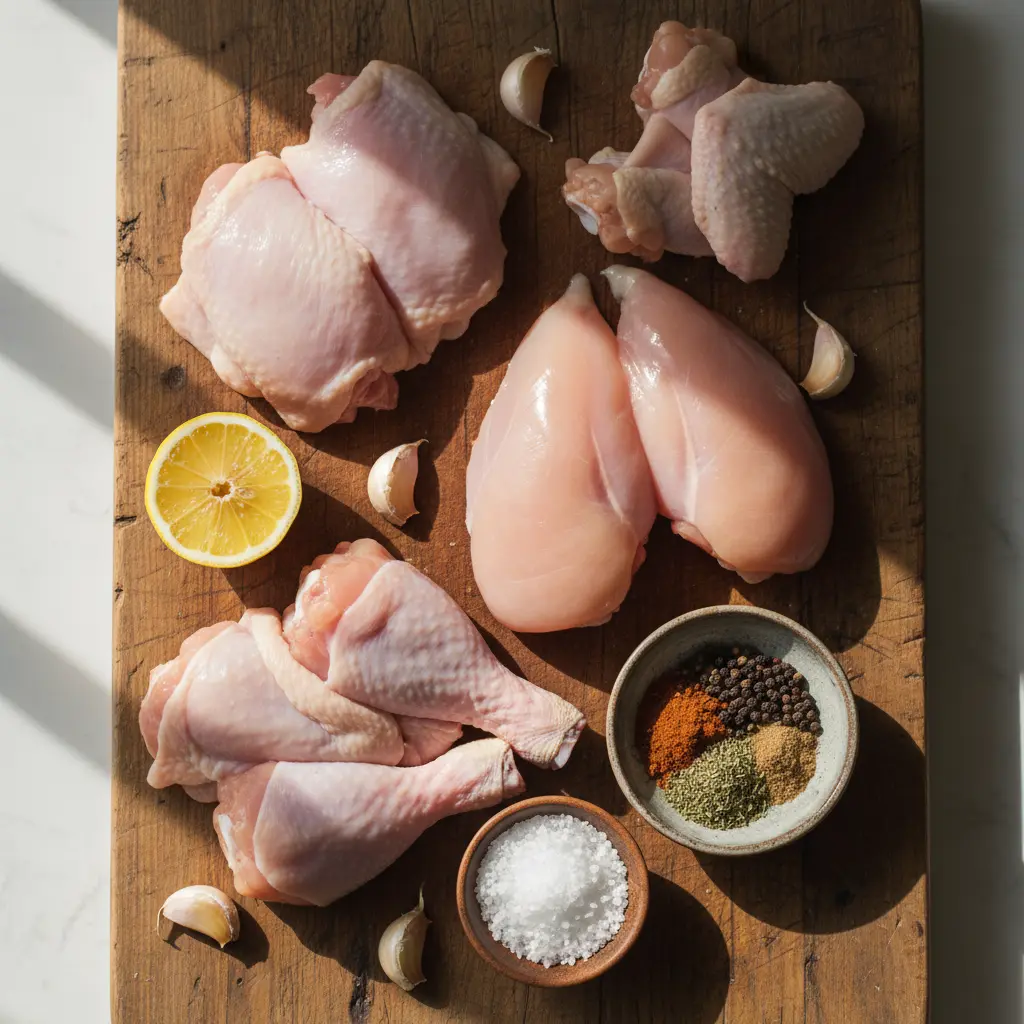 Pollo crudo fresco para pollo frito cubano en tabla de madera, con limón, ajo y especias.