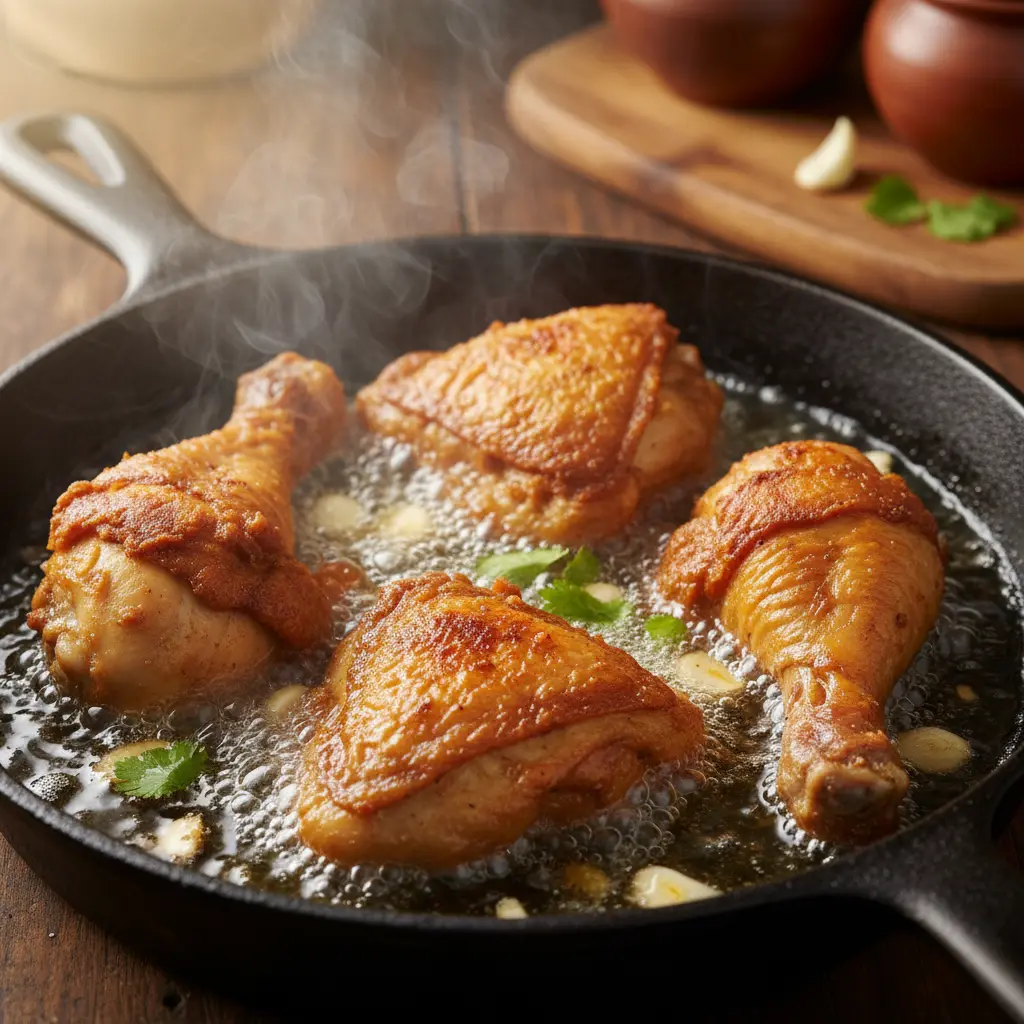 Pollo frito crujiente dorado en sartén de hierro fundido con aceite burbujeante.
