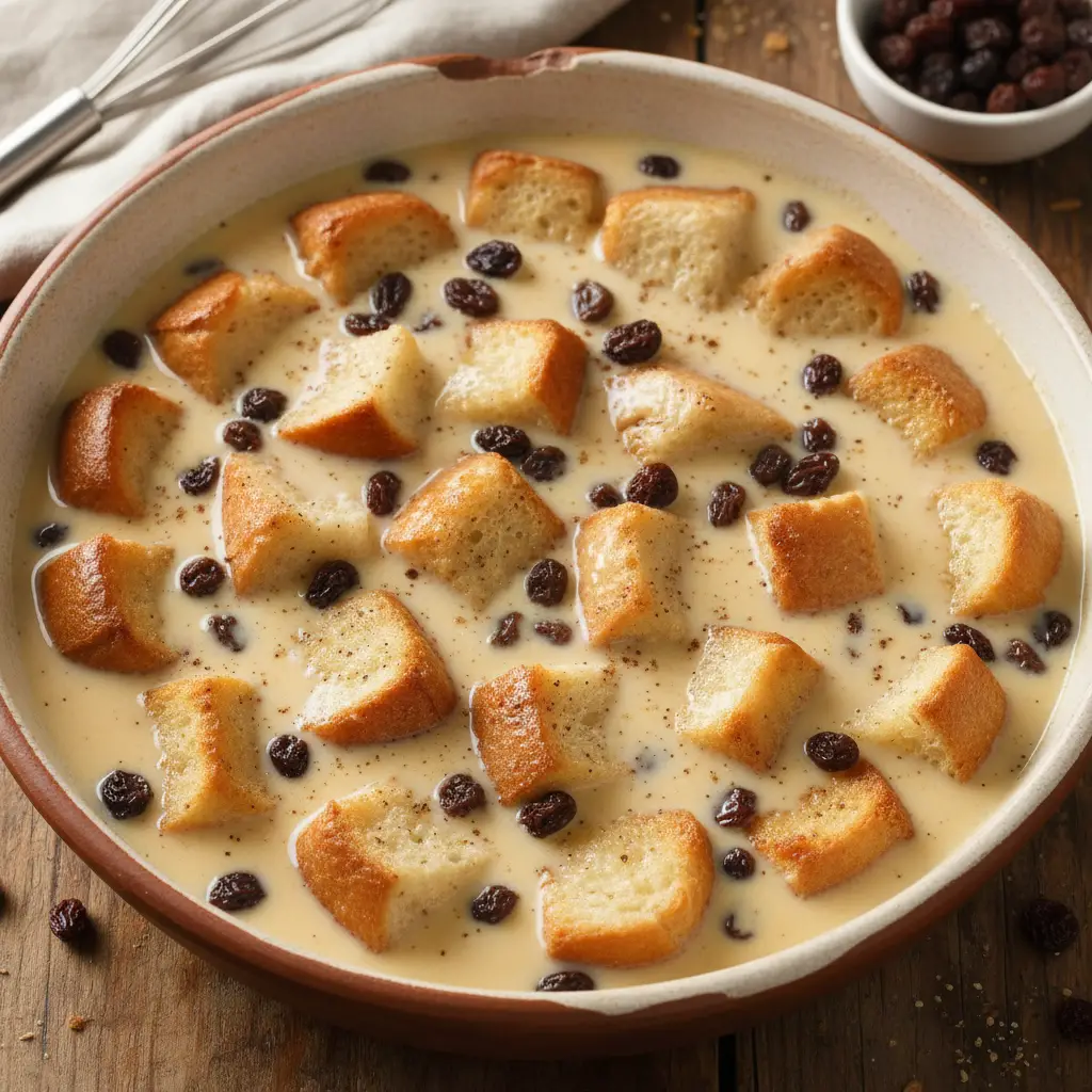 Proceso de absorción de cubos de pan en natillas cremosas para pudin de pan. Cubos de pan cubano absorbiendo mezcla cremosa de natillas para pudin.