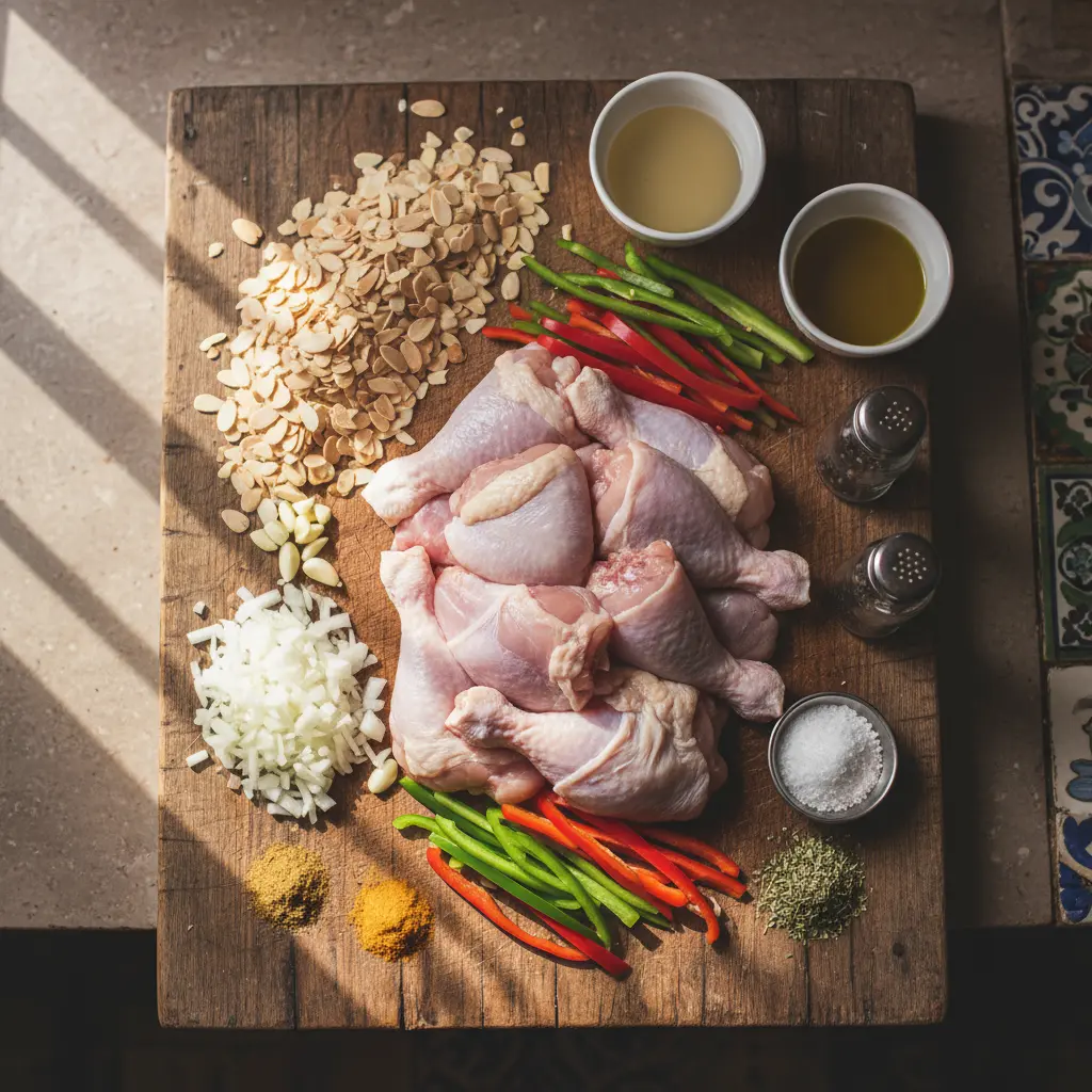 Ingredientes frescos para pollo almendrado cubano: pollo, almendras, cebolla, ajo, pimientos, vino, naranja, aceite, especias.