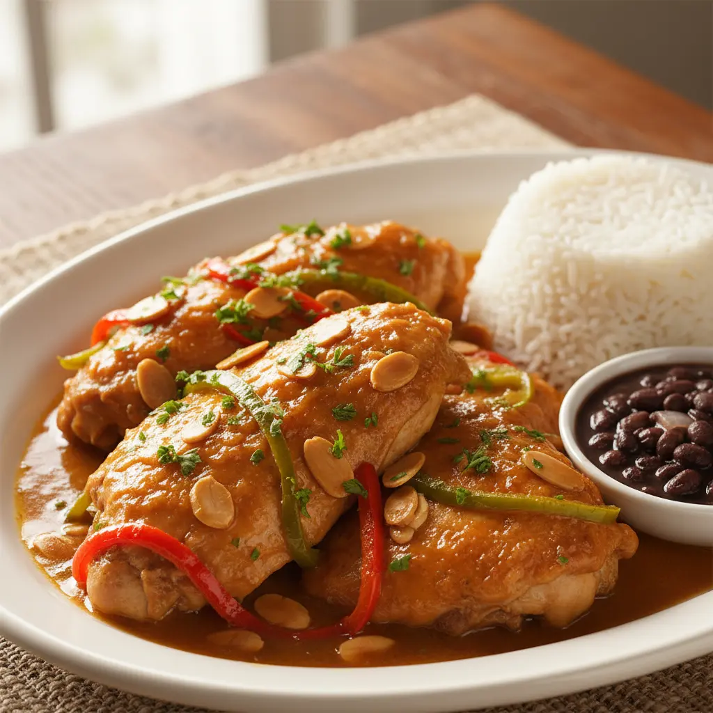 Pollo almendrado cubano con arroz blanco y frijoles negros. Salsas ricas y almendras.