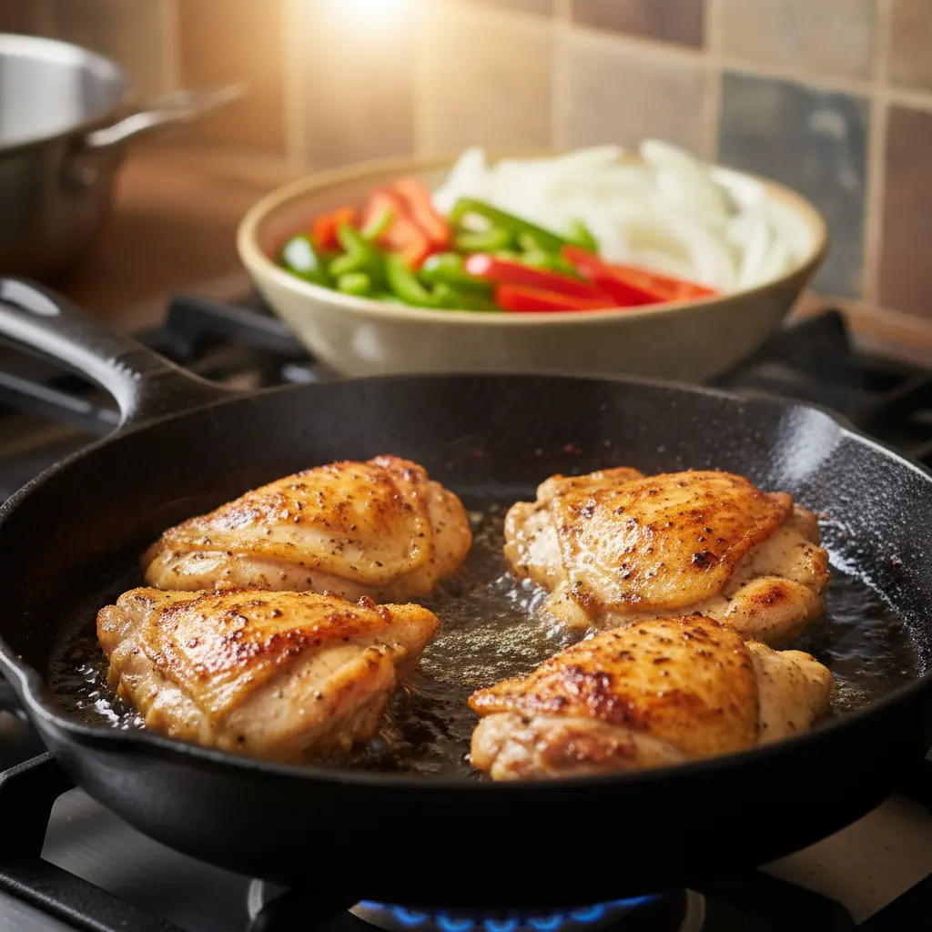 Pollo dorado dorándose en sartén de hierro fundido con aceite de oliva brillante.