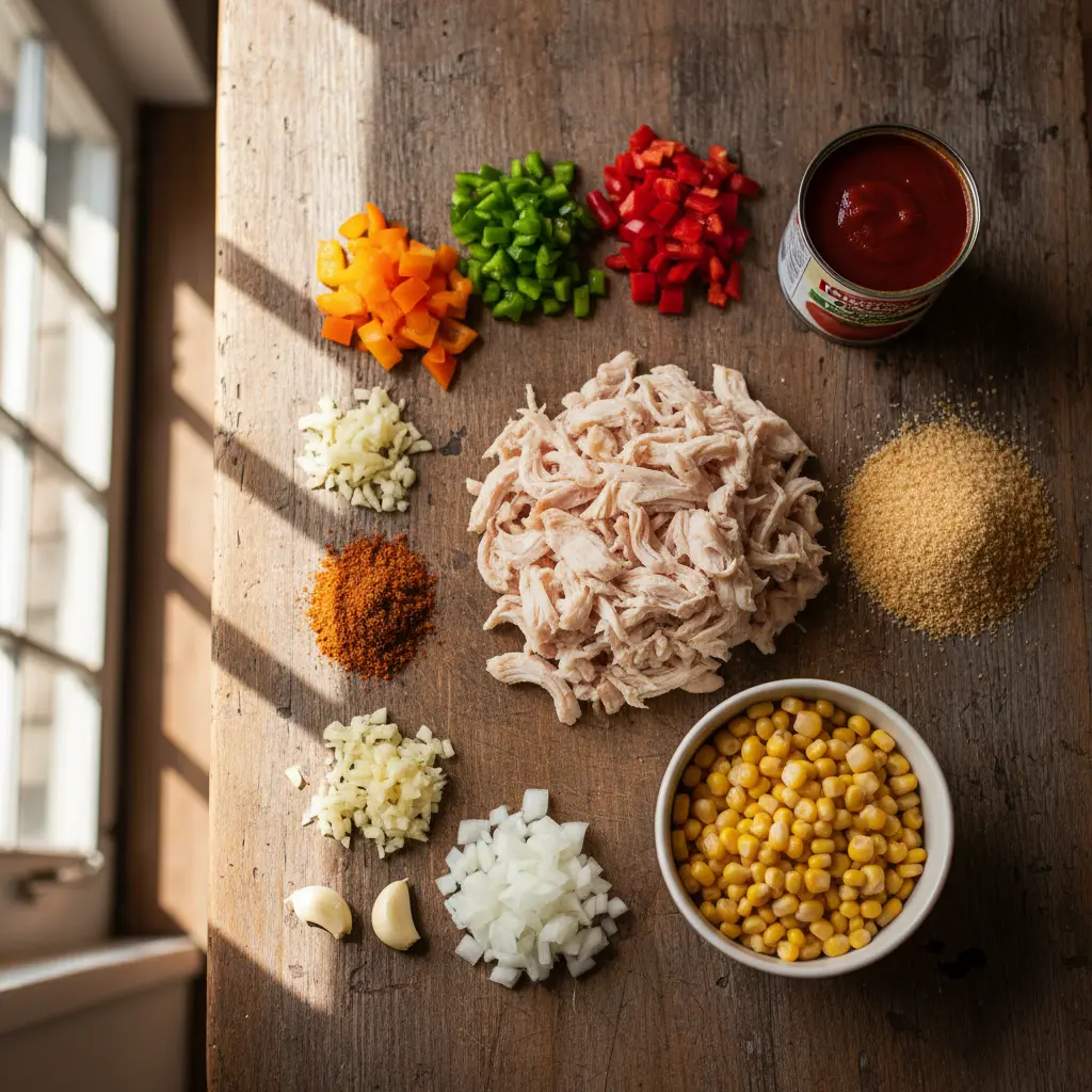 Pastel de Pollo Cubano: Ingredientes Frescos Ingredientes frescos para pastel de pollo cubano: pollo, maíz, verduras, sofrito y pan rallado sobre madera.