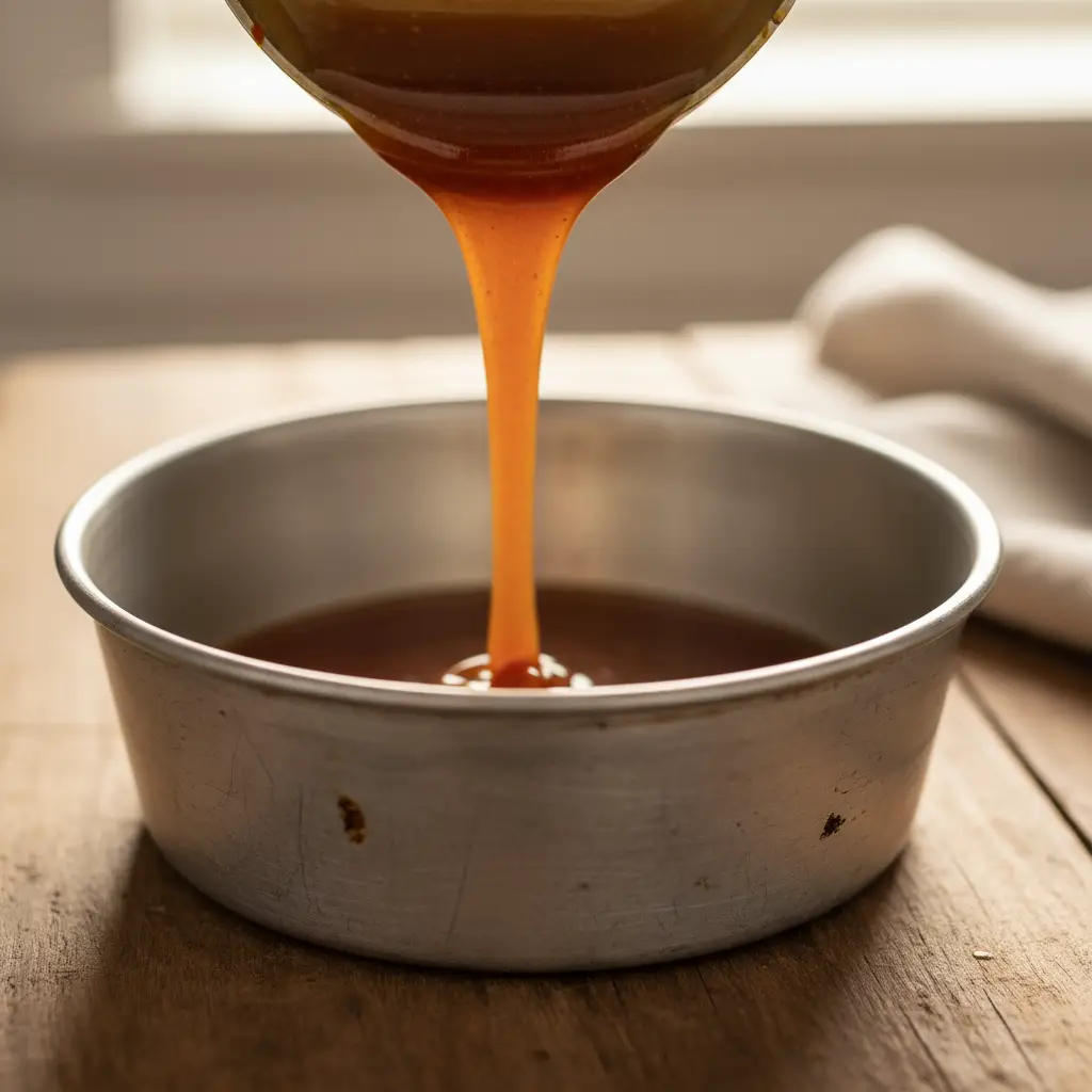 Vertiendo caramelo casero en molde para pudín cubano, receta fácil Caramelo ámbar oscuro vertiéndose en molde metálico tradicional para pudín cubano.