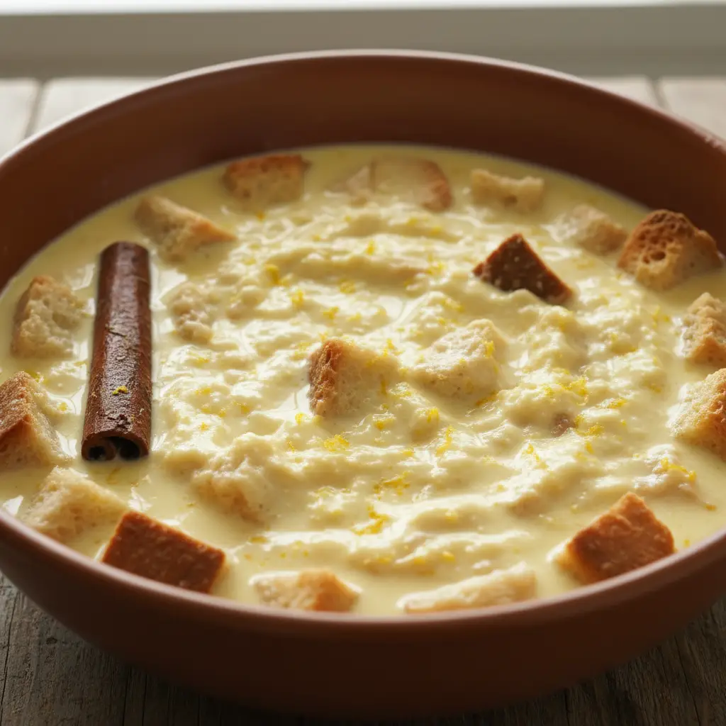 Primer plano de la mezcla de pudín cubano casero en un bol, lista para hornear. Mezcla cremosa de pudín cubano con pan remojado y ralladura de limón.