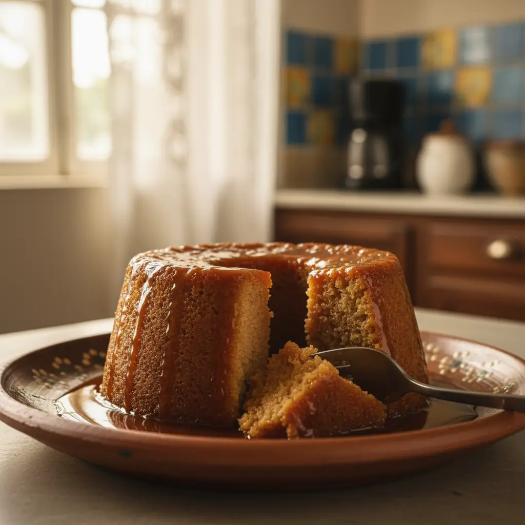 Receta fácil de pudín cubano: postre casero con caramelo dorado. Pudín cubano casero con salsa de caramelo en plato de cerámica.