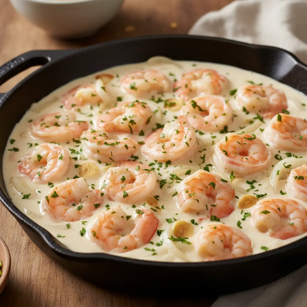 Camarones cremosos en sartén rústica Camarones rosados en salsa cremosa blanca con perejil picado en sartén de hierro fundido.