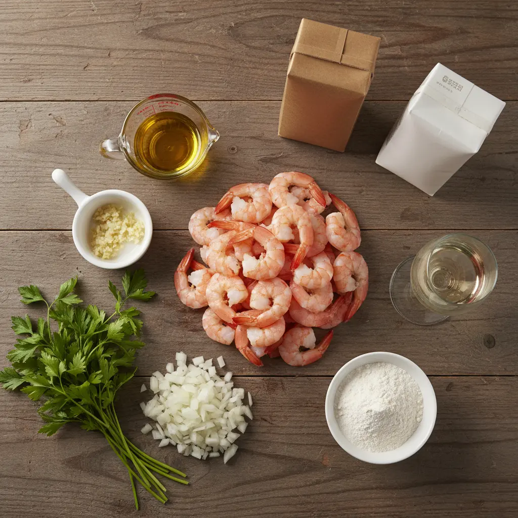 Camarones en Salsa Blanca: Ingredientes Frescos Ingredientes frescos para camarones en salsa blanca: camarones, ajo, cebolla, vino, crema y perejil.