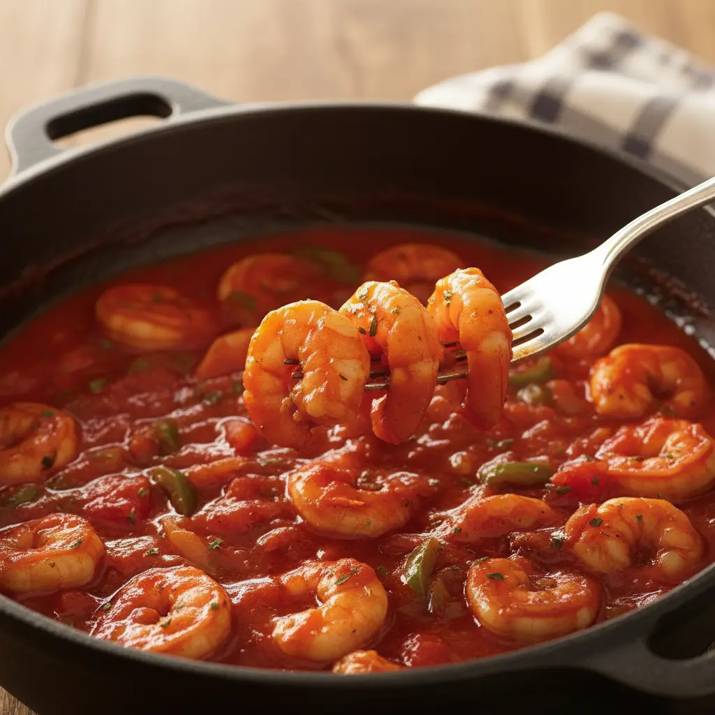 Camarones rosados en salsa enchilada roja en caldero cubano. Cocina casera.