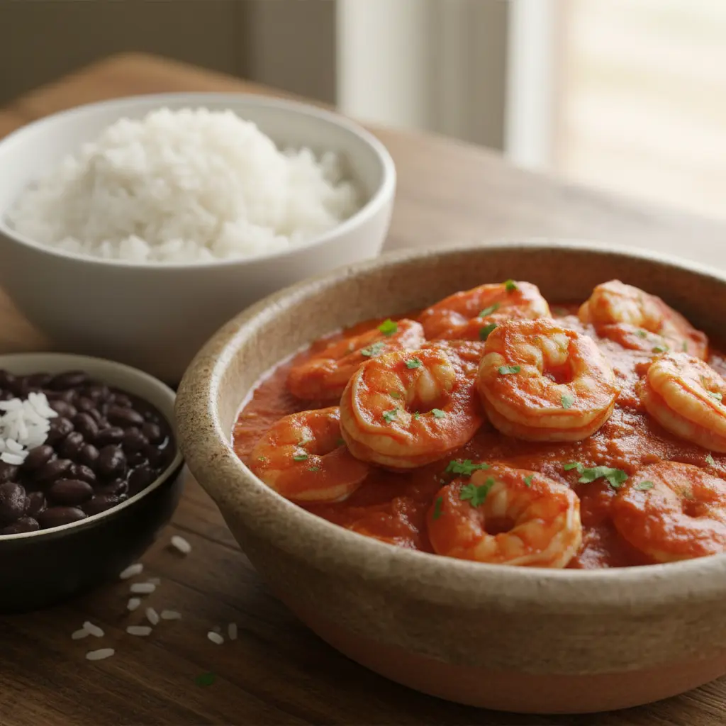 Enchilado de camarones cubano en tazón rústico, con arroz blanco y frijoles negros.