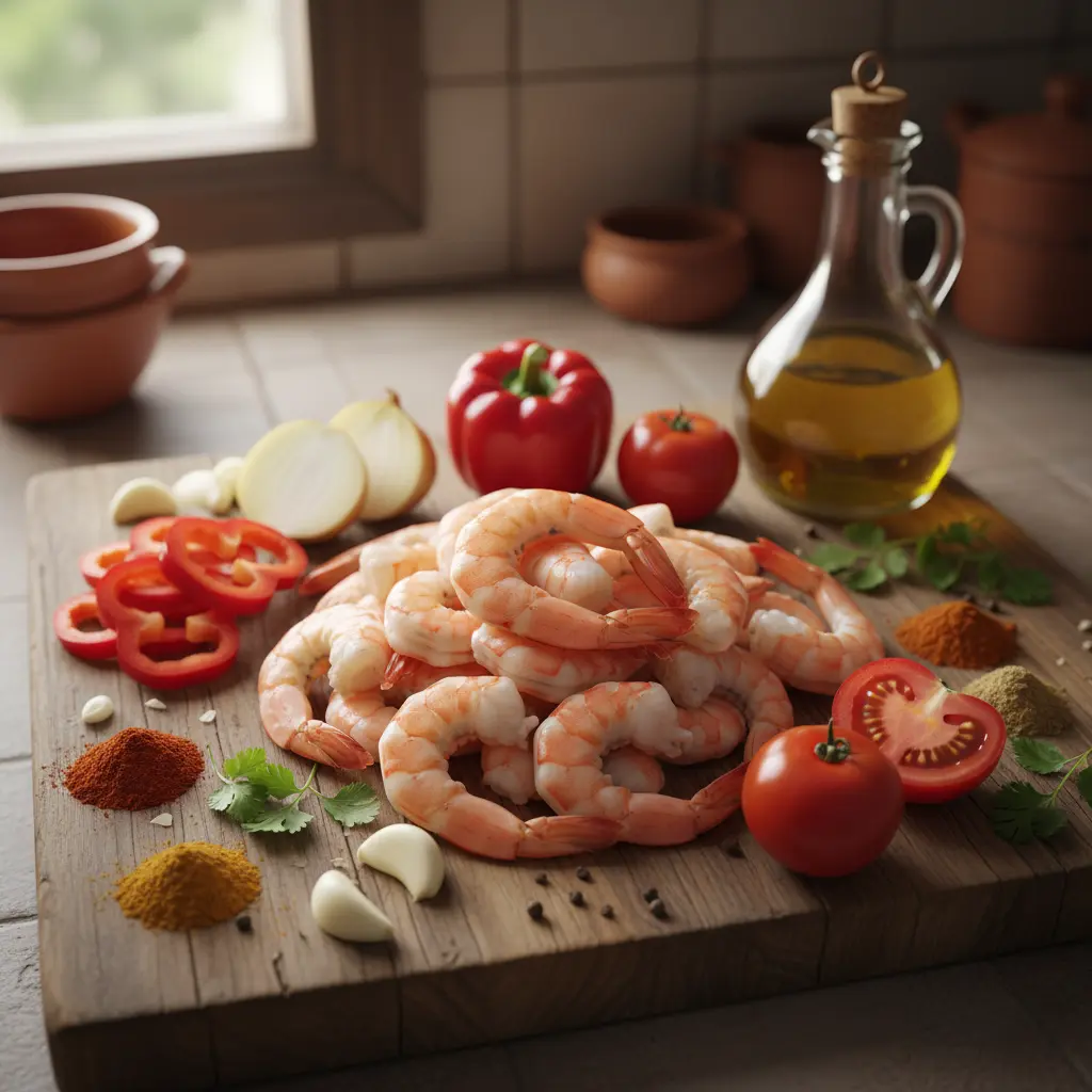 Ingredientes frescos para enchilado de camarones cubano: camarones, pimientos, cebolla, tomate, cilantro, ajo, aceite y especias.