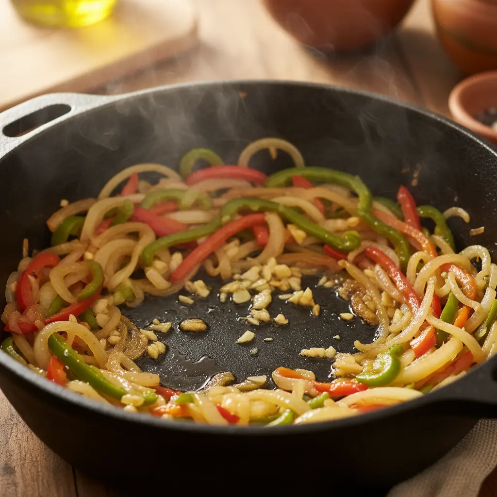 Sofrito de cebolla, pimientos y ajo para enchilado de camarones en caldero cubano.