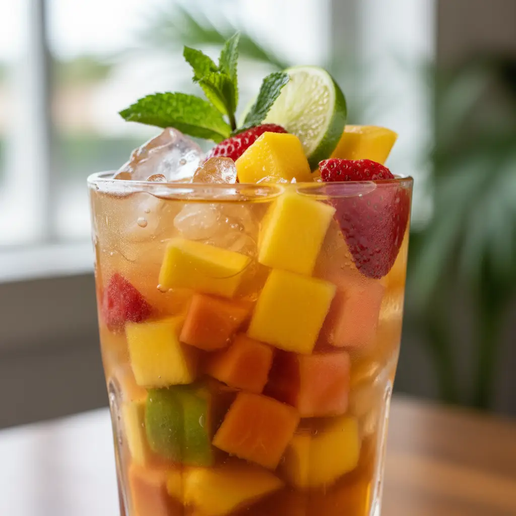Delicioso cóctel de frutas con alcohol: receta fácil y refrescante con frutas tropicales. Vaso alto con cóctel de frutas cubano, piña, mango, fresas, papaya y menta.