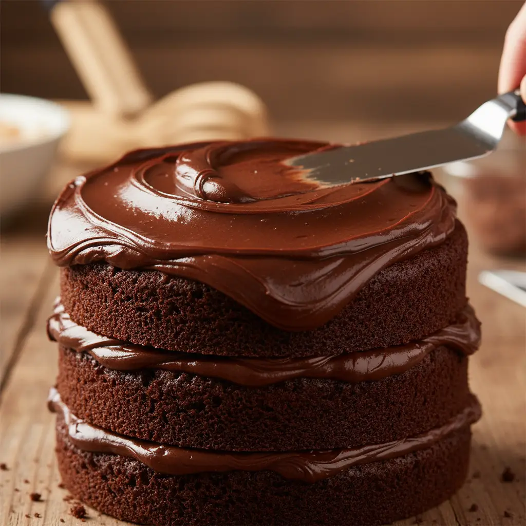 Espátula esparciendo ganache de chocolate sobre pastel de capas húmedo.