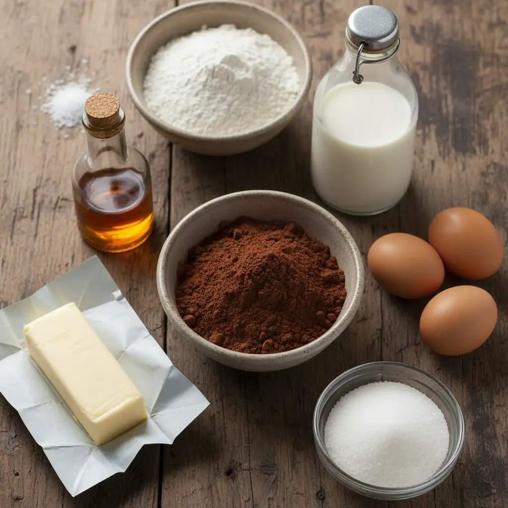 Ingredientes de pastel cubano de chocolate: cacao, huevos, azúcar, mantequilla, leche, harina, sal, vainilla.