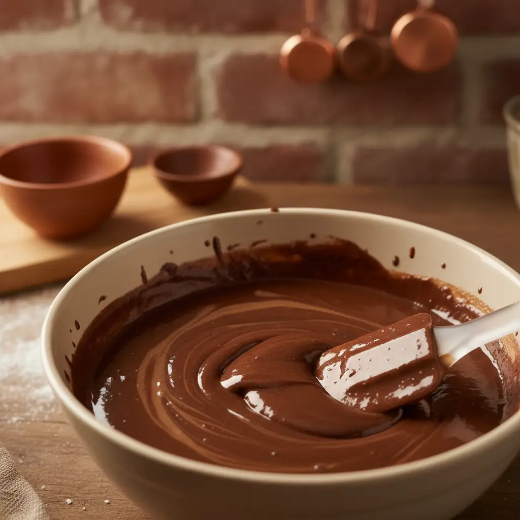Primer plano de masa de pastel de chocolate líquida en bol, con espátula. Cocina rústica.