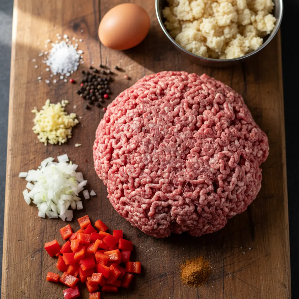 Ingredientes crudos para albóndigas cubanas: carne, cebolla, ajo, pimiento, huevo, pan rallado, especias.