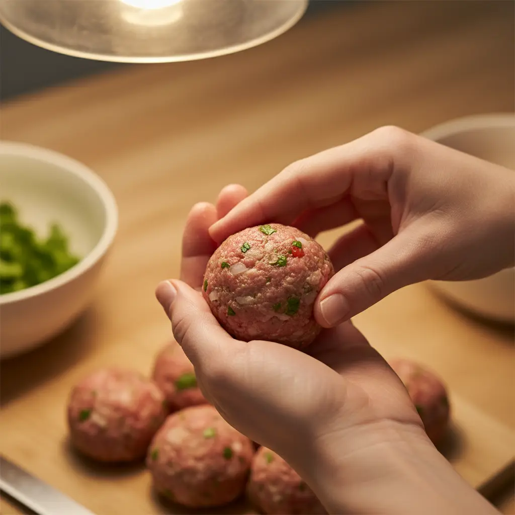 Manos formando albóndiga redonda perfecta con mezcla de carne picada.