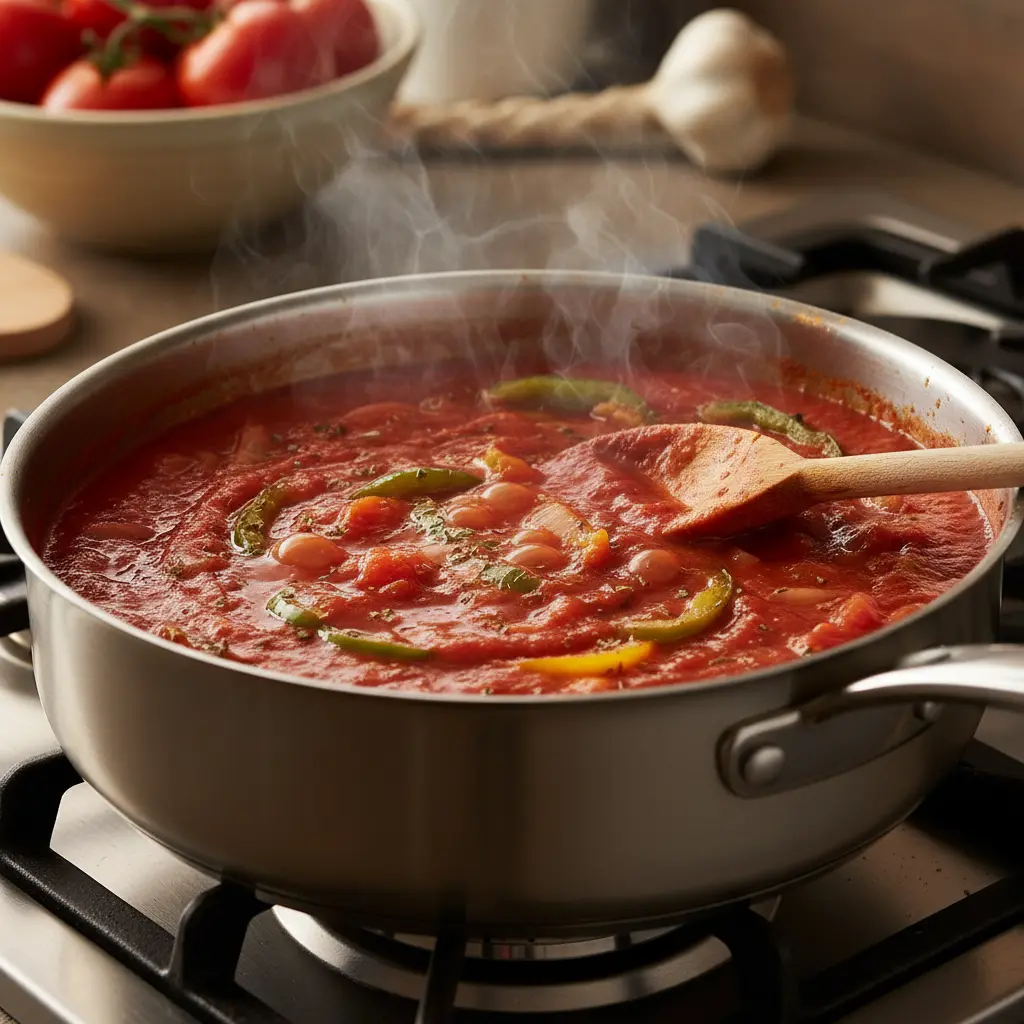 Salsa de tomate casera burbujeante en sartén, con cebolla y pimiento. Caliente y casera.