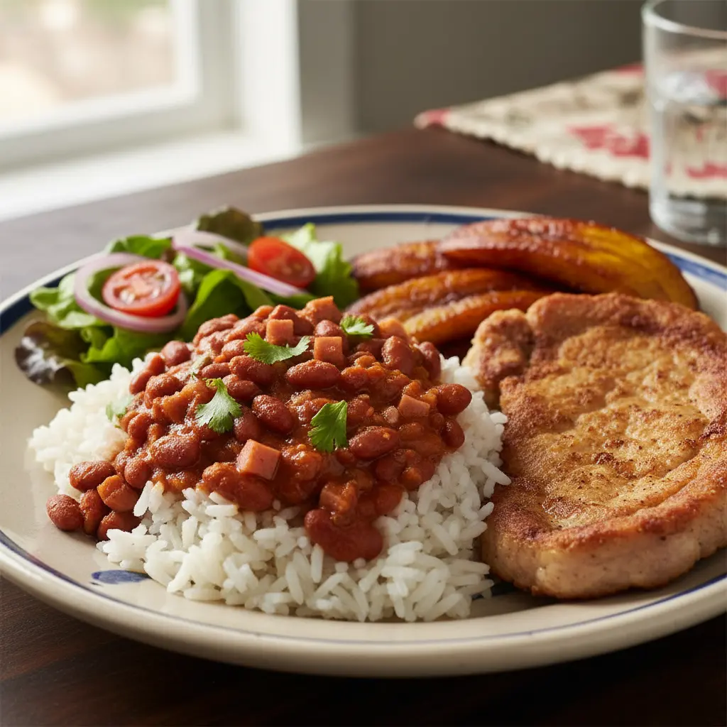 Auténtico plato cubano: cerdo, frijoles y maduros Plato cubano: frijoles colorados, arroz blanco, cerdo frito y maduros.