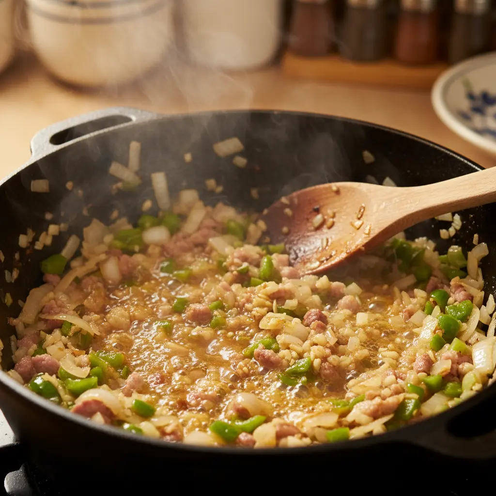 Sofrito cubano chisporroteando en caldero Sofrito de cebolla, pimiento y ajo para frijoles colorados cubanos, chisporroteando en caldero.