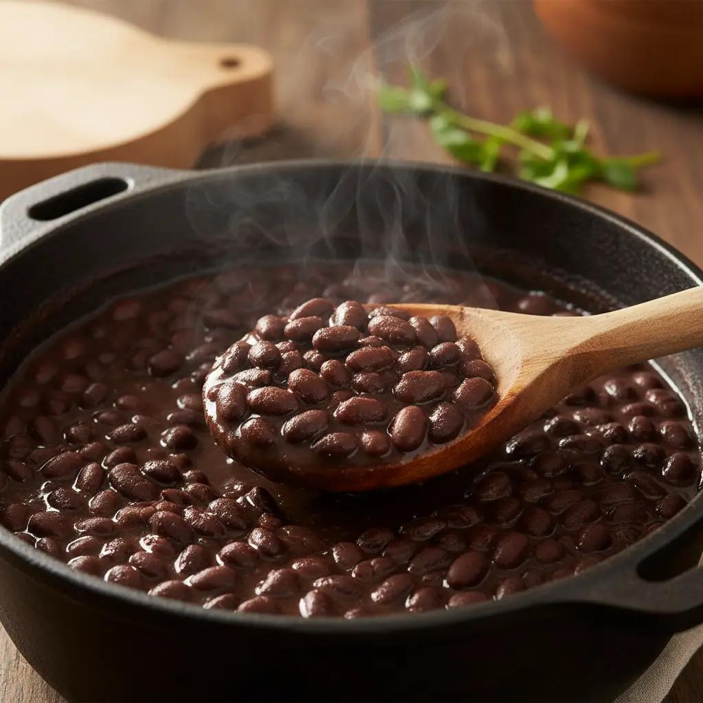 Frijoles negros cubanos tiernos y cremosos en caldero, con cuchara de madera y vapor.