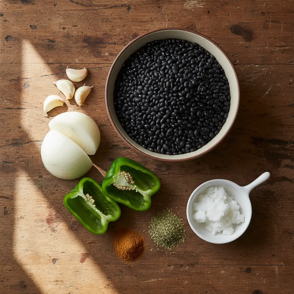 Ingredientes crudos para frijoles negros cubanos: frijoles secos, cebolla, ajo, pimiento, comino, orégano y grasa.