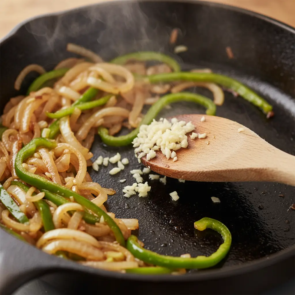 Sofrito cubano en sartén rústica: cebolla dorada, pimiento verde y ajo. Cuchara de madera.