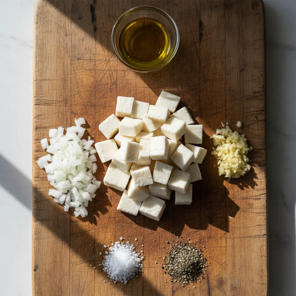 Puré de Malanga Cubano: Ingredientes Frescos Ingredientes crudos para puré de malanga cubano: malanga, cebolla, ajo, aceite de oliva, sal y pimienta.