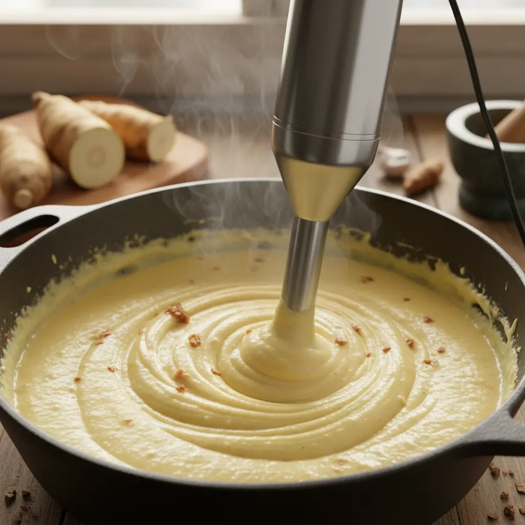 Malanga cremosa licuándose en caldero cubano Malanga cremosa en caldero cubano, licuándose hasta textura aterciopelada. Sofrito y vapor.