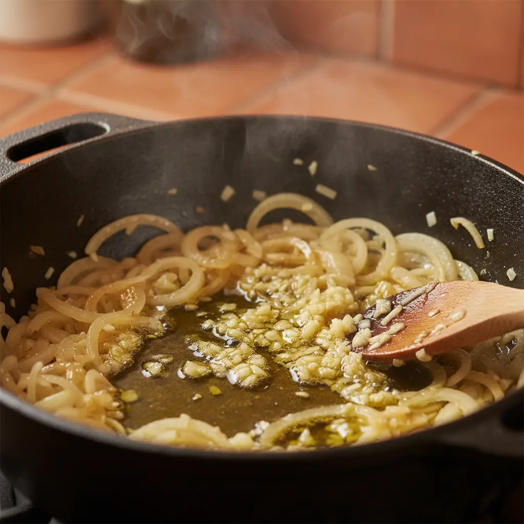 Sofrito cubano: cebolla y ajo en caldero Sofrito cubano en caldero: cebolla dorada, ajo picado y aceite de oliva.