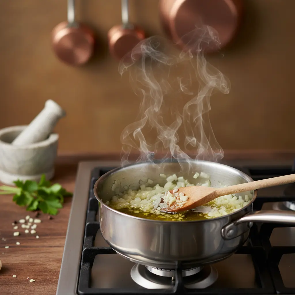 Sofrito de cebolla y ajo para puré de guisantes, cocinándose en aceite de oliva.