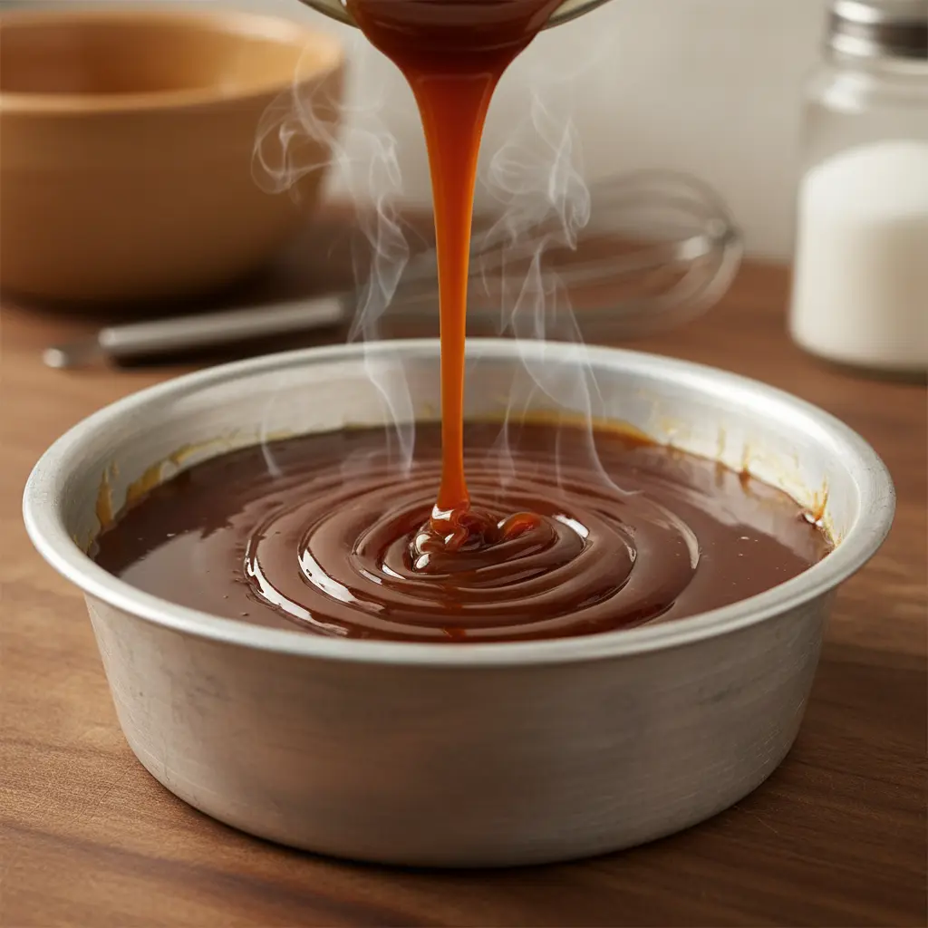 Caramelo ámbar oscuro vertiéndose en molde de flan cubano, vapor ascendiendo.