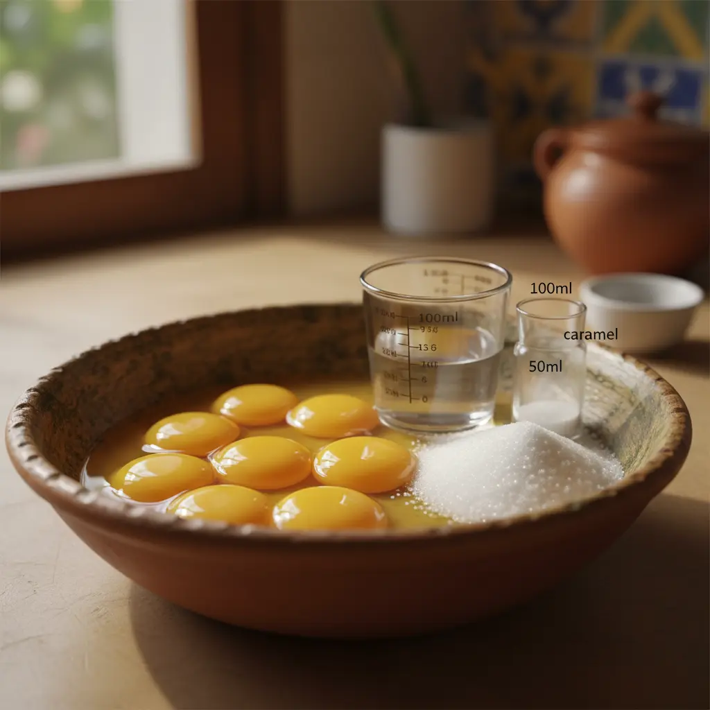 Ingredientes frescos para tocinillo del cielo cubano: yemas de huevo, azúcar y agua en cuenco rústico.