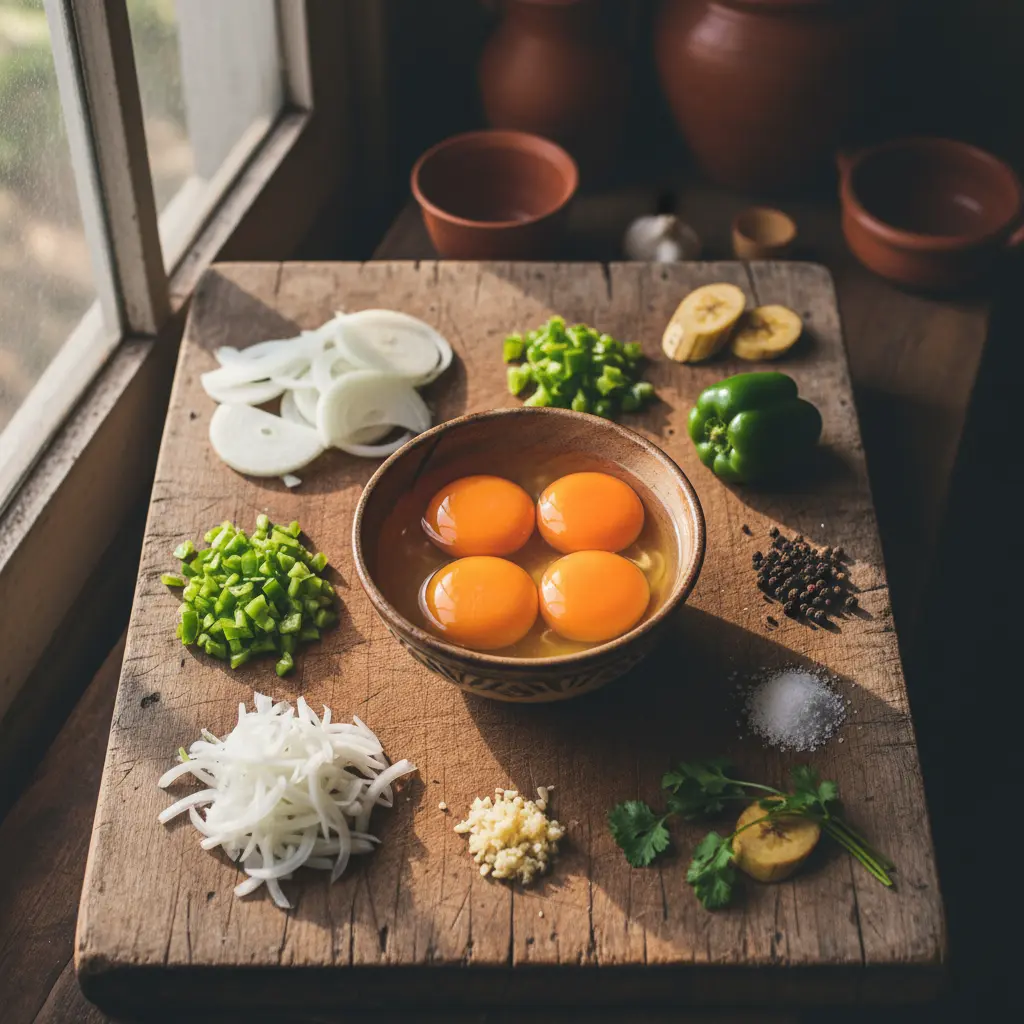 Ingredientes frescos para revoltillo de huevo cubano: huevos, cebolla, ajo, pimiento verde, sal y pimienta.