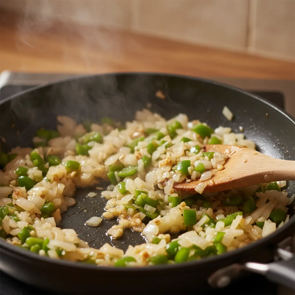 Sofrito cubano para revoltillo de huevo: cebolla, ajo y pimiento en sartén.