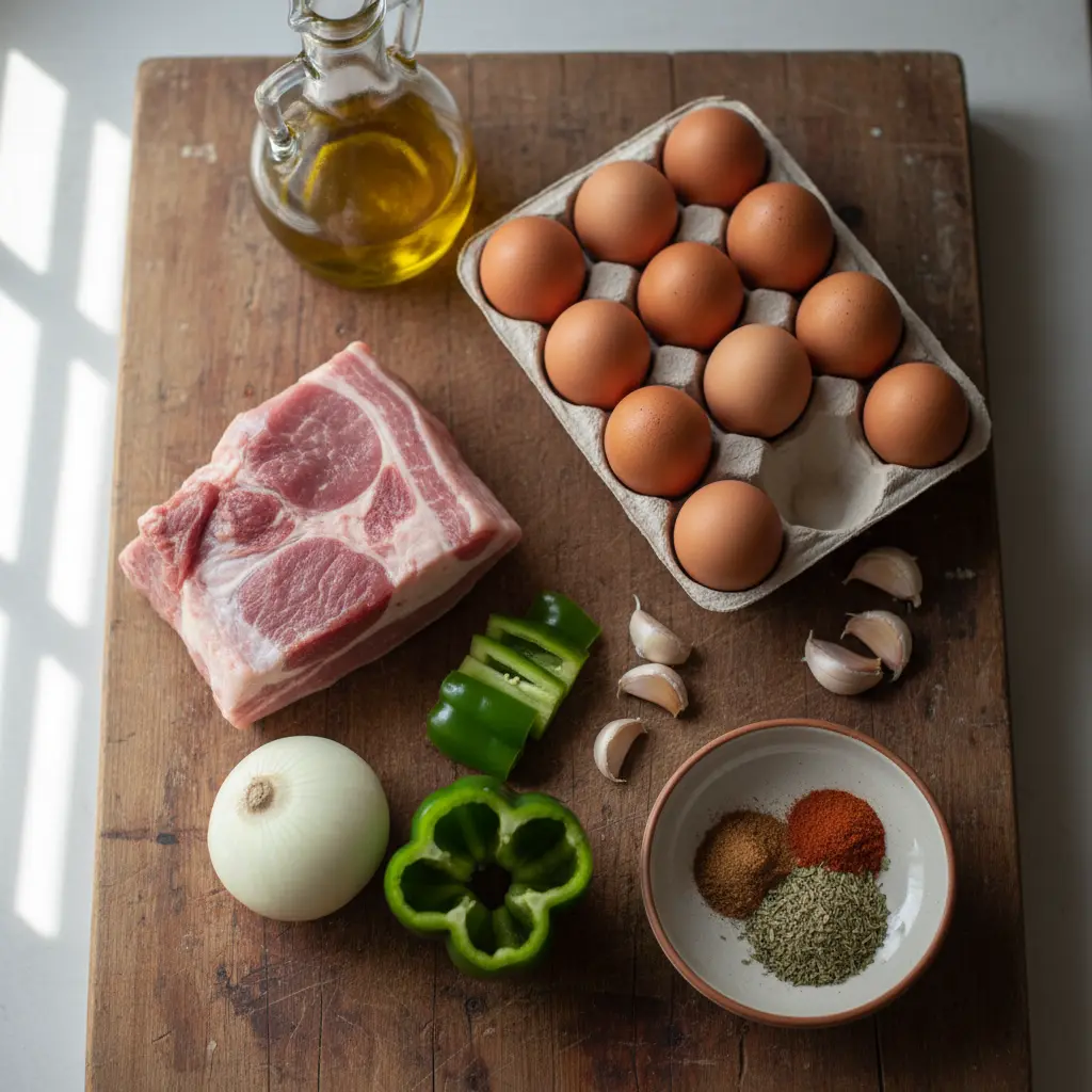 Tortilla Imperial Cubana: Ingredientes Frescos Ingredientes frescos para tortilla imperial cubana: cerdo, huevos, cebolla, pimiento, ajo, especias, aceite.