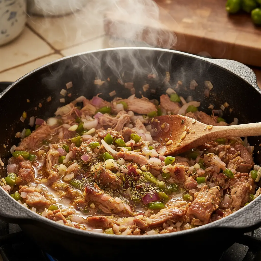 Sofrito cubano: Sabor y aroma en el caldero Sofrito cubano en caldero: cebolla, pimiento, ajo y cerdo cocinándose.