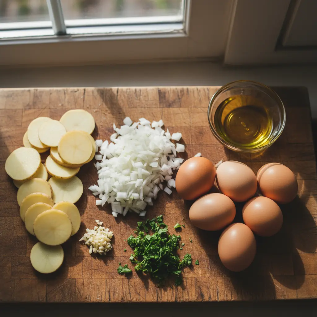 Tortilla Romana Cubana: Ingredientes Frescos Ingredientes frescos para tortilla romana cubana: patatas, cebolla, ajo, perejil, huevos y aceite.