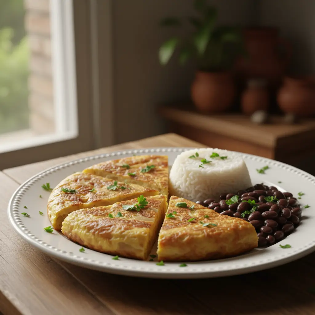 Deliciosa Tortilla Romana Cubana con Arroz y Frijoles Tortilla romana cubana dorada, cortada en gajos, con arroz blanco y frijoles negros.