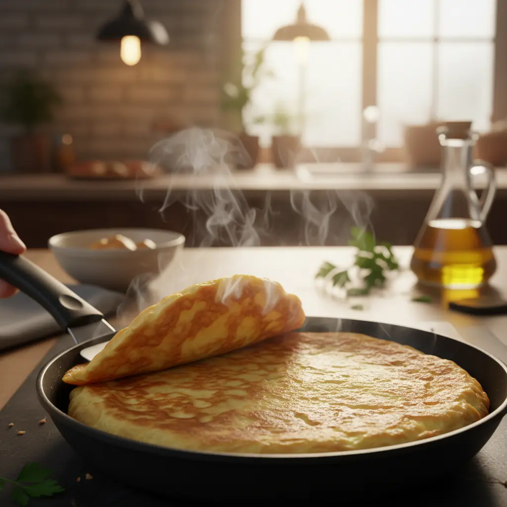 Cocina tortilla cubana: dorada y lista Tortilla romana cubana dorándose en sartén antiadherente, lista para voltear.