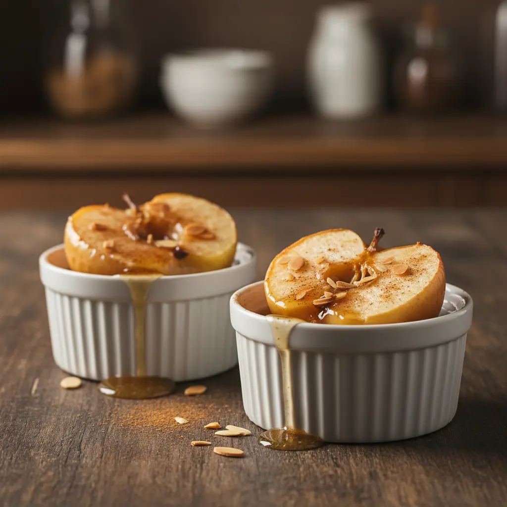 Deliciosas manzanas horneadas con almendras Manzanas horneadas con relleno caramelizado, almendras y canela en ramequines.