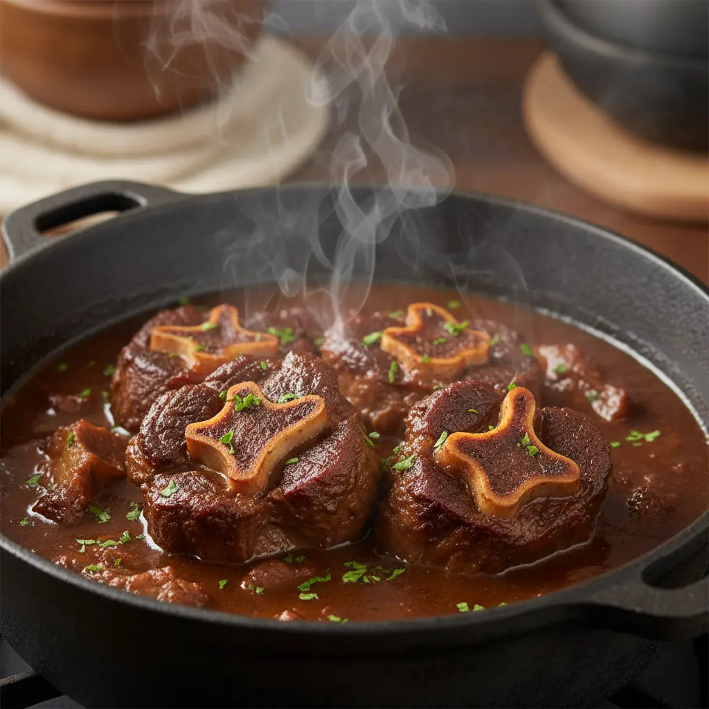 Oxtail en salsa oscura y brillante en caldero cubano, cayendo del hueso.