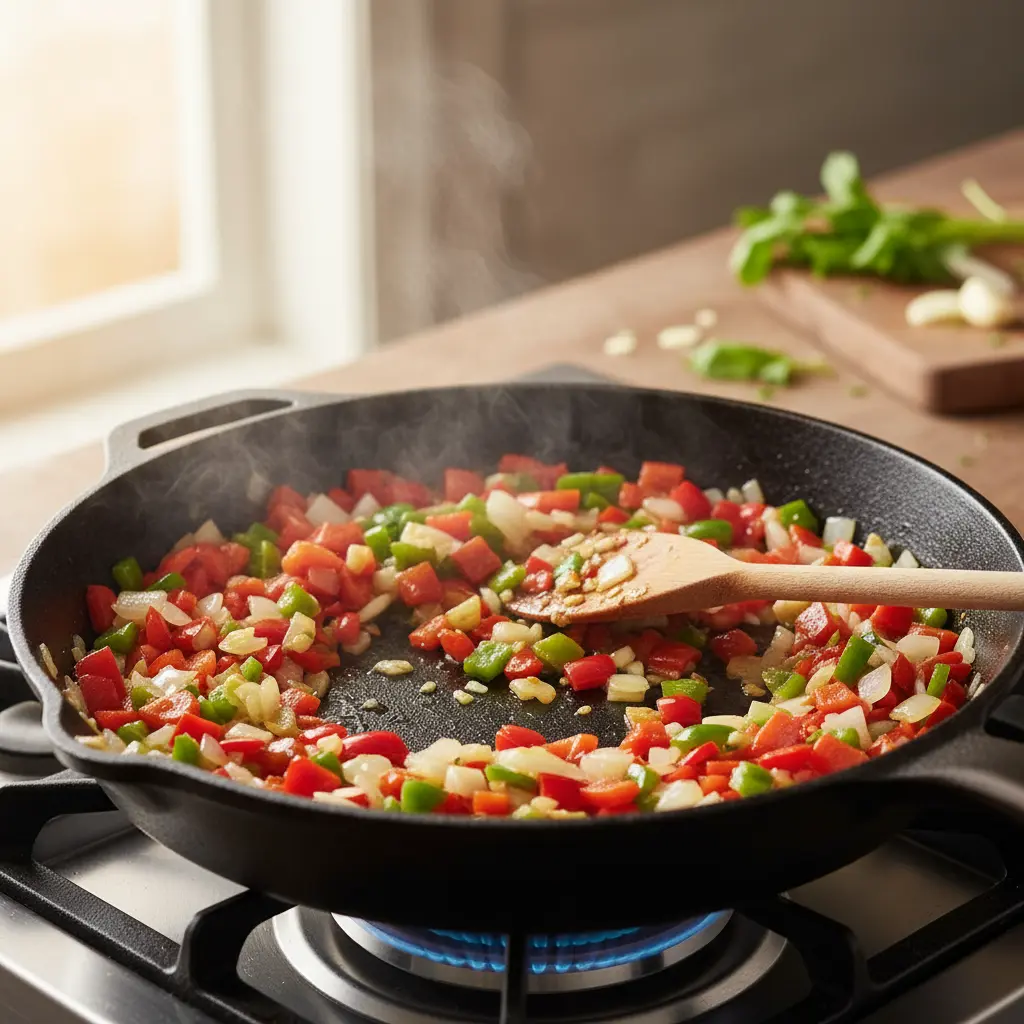 Sofrito vibrante en sartén: cebolla, pimientos y ajo dorándose en aceite.