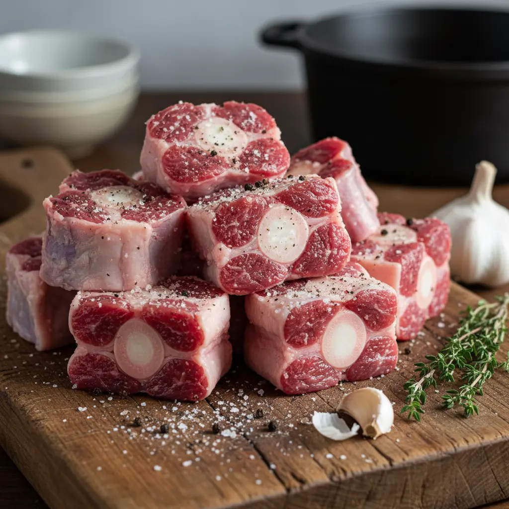 Trozos de rabo de toro crudo sazonados con sal y pimienta en tabla de madera.